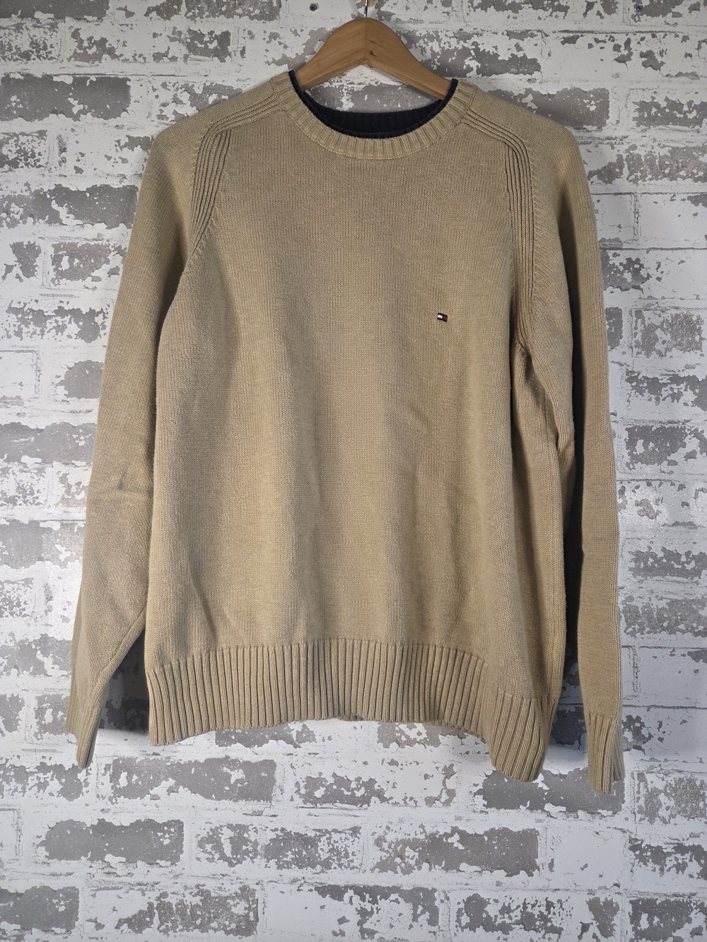 Vintage Tommy Hilfiger Knit Crewneck Sweater Mens Medium Tan Beige 90s